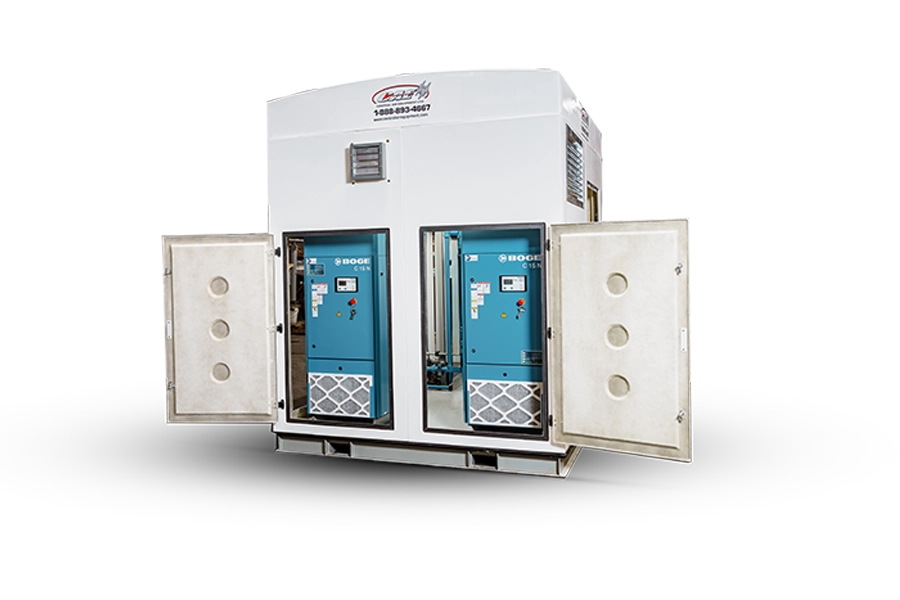 FibreVault with doors open showing 2 Boge air compressors