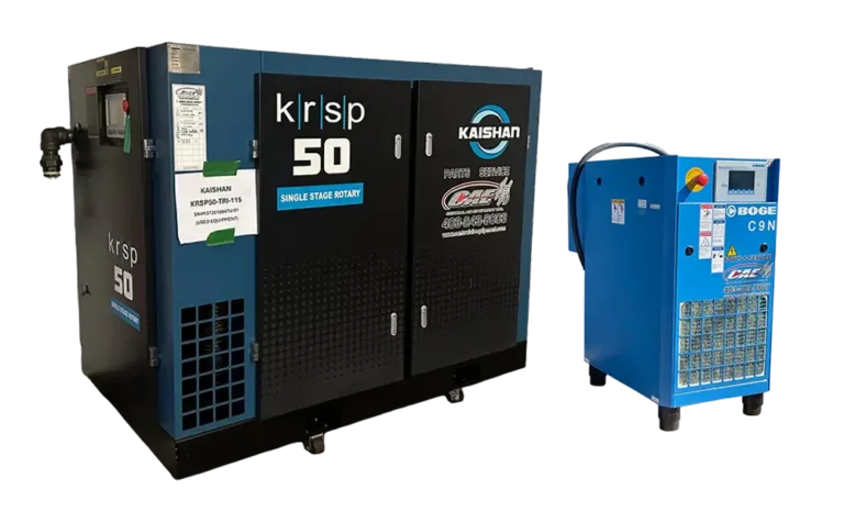 Used air compressor group image. one used Kaishan rotary screw and one Boge air compressor